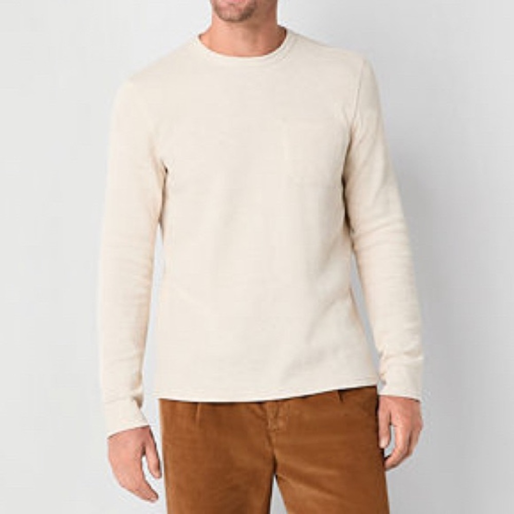 Mutual Weave Cream Crew Neck Long Sleeve Pocket Ribbed Knit Sweater Shirt
